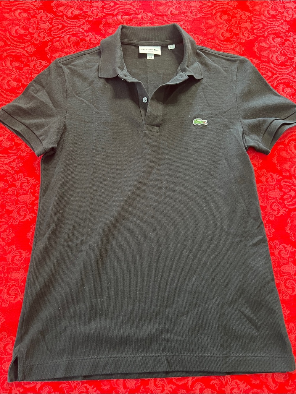 Lacoste Black Slim Fit Polo Shirt Men's Small Cotton Piqué Green Crocodile Logo